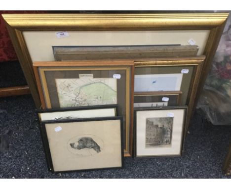 A quantity of prints, including a map of Cambridge, etc.