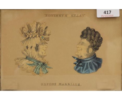 A 19th century maple framed print, entitled Before Marriage After Marriage, depicting a male and female double headed bust, g