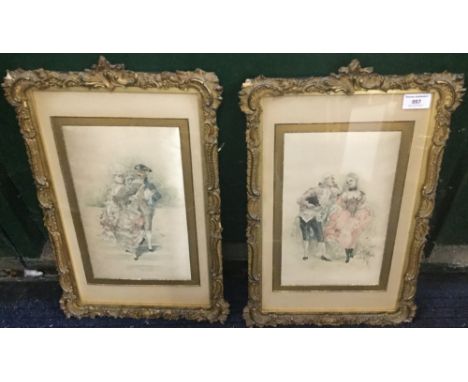A pair of gilt framed fashion prints on silk