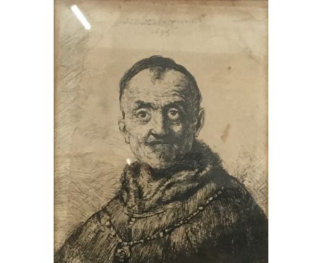 After REMBRANDT (1606-1669) Dutch, Male Portrait Bust, print, dated 1635, framed and glazed