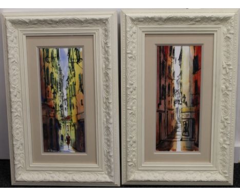 A pair of Continental Street Scene prints, signed P Hauim, framed and glazed