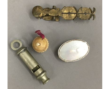 A set of sovereign scales, a pin cushion, etc.