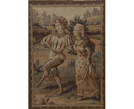A pair of Continental needlework tapestry pictures depicting figures in rural scenes