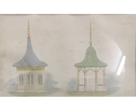 A pair of architectural coloured prints, framed and glazed, 19 x 11.5 cm 