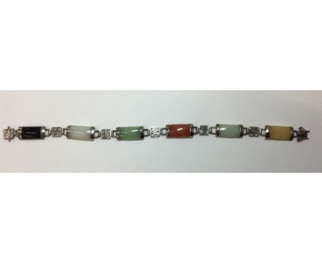 A 925 silver and variously coloured jade bracelet