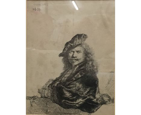 After REMBRANDT VAN RIJN (1606-1669), Self Portrait in a Slant Fur Cap, print, dated 1639; together with an 18th Century etch