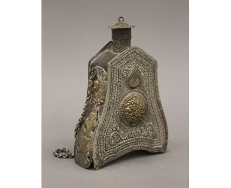 A 19th century Ottoman brass mounted flask and chain