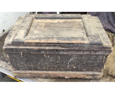 A pine trunk containing various tools, a quantity of hinges, and a box of various keys, etc.