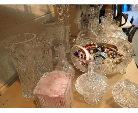 Shelf of mixed glassware including Dartington crystal vases candlesticks ice buckets dishes etc