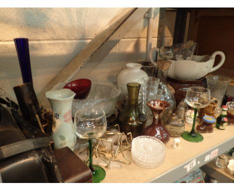 Shelf of mixed collectables including miniature spirits cameras vases decanters etc