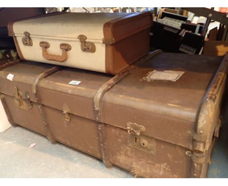 Large Bentwood trunk with small vintage suitcase 