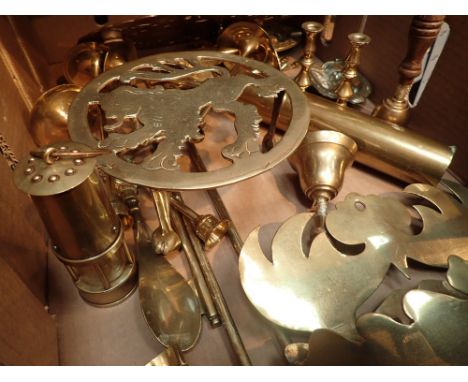 Box of mixed brassware including miniature miners lamp 