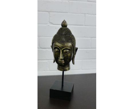 A contemporary Buddha head on square plinth base, 35cm high 