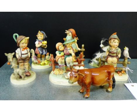 A group of five Goebel's Hummel figures, a Richard Cooper & Co, Sheep dog and pups figure group and a Goebel's cow, (7) 