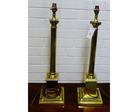 A pair of brass Corinthian column table lamps on square bases, 61cm high excluding light fitting, (2) 