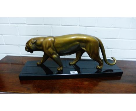 An Art Deco style patinated Spelter panther on rectangular black marble plinth base, 56 x 23cm