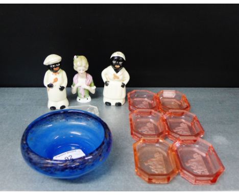 A mixed lot to include a Vasart blue glass bowl, a set of six rose glass intaglio cut octagonal trinket dishes, another in cl