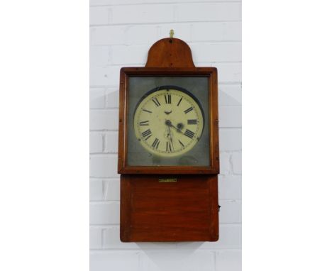 Stained pine framed wall clock with enamel dial with Roman numerals, bearing an ivorine label for The Express Lift Company, L