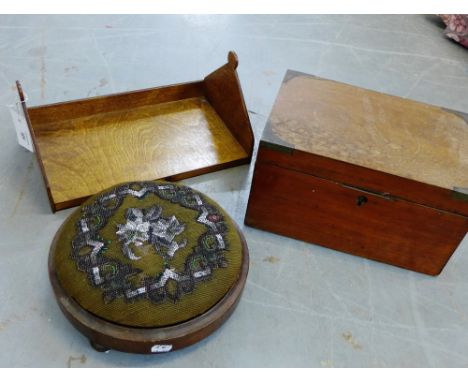 A mixed lot to include an oak book trough, a bead work top stool and a mahogany work box, (3) 