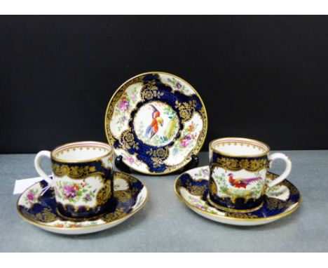 19th century Worcester style 'Fancy Bird' patterned coffee cans and saucers to include three saucers and two cans