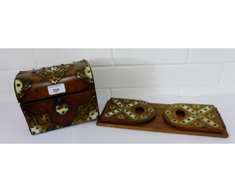 A burr wood and brass mounted domed top tea caddy, together with a similar oak book slide, (2) 