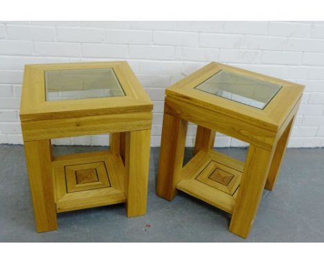 A pair of contemporary light oak lamp table, each with square glass insert to top  56 x 45cm(2)