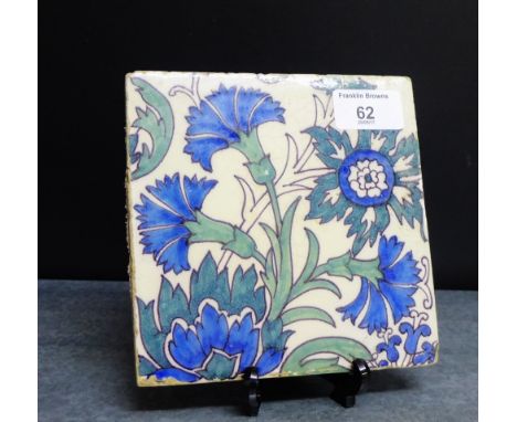 A 19th century Arts & Crafts tile with cornflower pattern, 15 x 15cm 