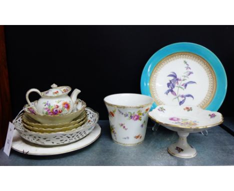 A collection of Dresden continental porcelain white glazed and floral patterned porcelains to include a miniature teapot, sau