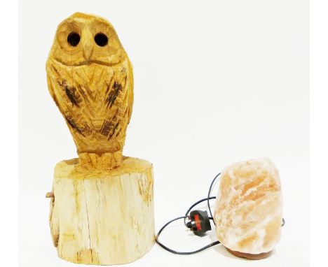 Salt crystal table lamp and a carved model of an owl (2)