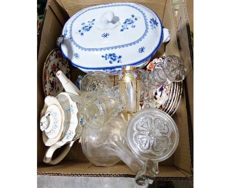 A box of china and glassware to include an Art Nouveau enamelled glass vase, a Spode fine stone lidded tureen, a teapot with 