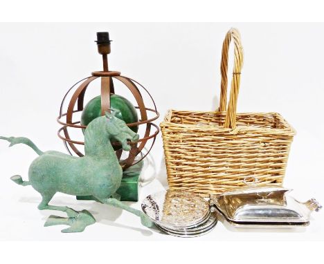 Metal model of a horse, various plated wares, a wicker basket and a table lamp