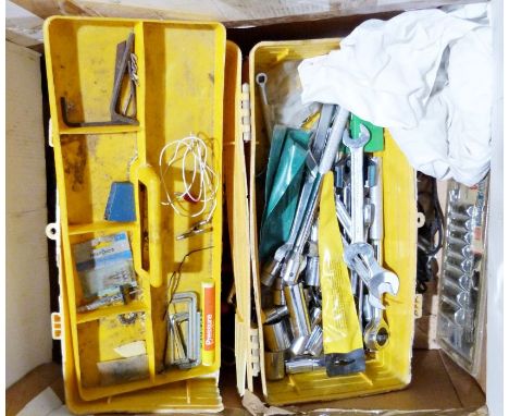 Box of assorted tools and car electric cables/accessories