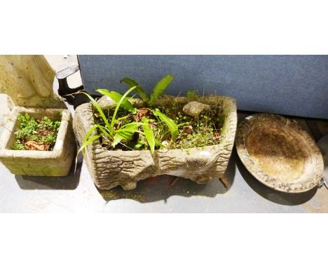 Composite stone planter in the form of a log, a composite stone model of a woman and child, two planters and a bird bath (5)