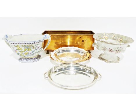 Four wooden letter press frames, a copper jardiniere, Portuguese&nbsp;twin handled planter, one other example, electroplated 