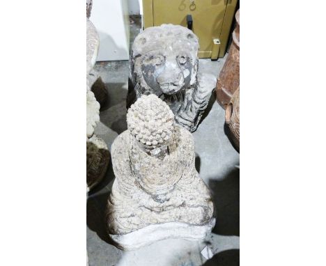 Composite stone model of a lion's head and a composite stone model of a buddha (2)