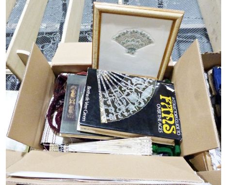 Quantity of textiles, blankets, textile samples, fans, easel, etc. (8 boxes)