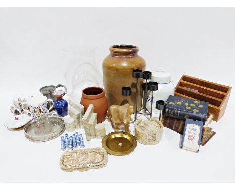 Large stoneware jar, an onyx model of an elephant, a pewter tankard together with various china, glass and household items (1