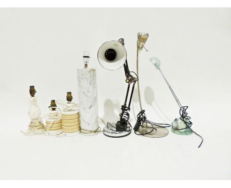 Large cylindrical marble table lamp together with a further baluster shaped mahogany table lamp and an anglepoise table lamp 