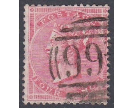STAMPS : GREAT BRITAIN 1857 4d Rose Large Garter (thick paper) fine used SG 66b, light diagonal crease 