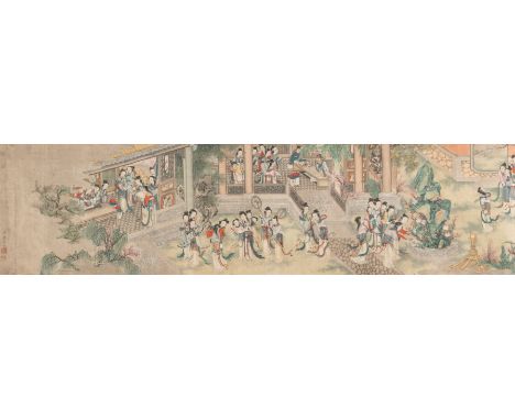 Querrolle mit Damen im Palastgarten nach Tang Yin (1407-1524)China, Qing-Dynastie297 x 32 cmDamen in einem idyllischen Palast