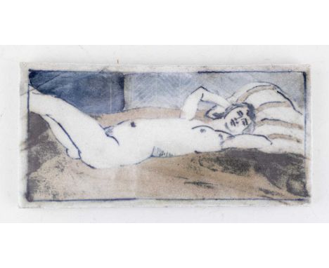 † ERIC JAMES MELLON (1925-2014); 'Reclining Nude', a rectangular stoneware tile decorated with bean ash glaze, inscribed titl