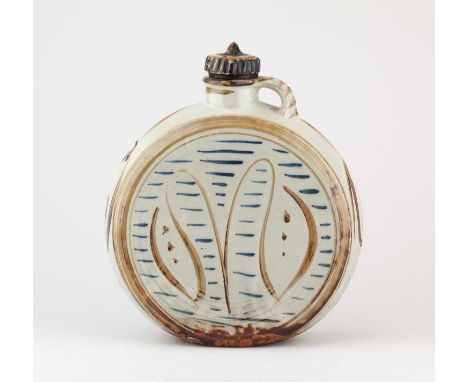 † SVEND BAYER (born 1946) for Wenford Bridge Pottery; a stoneware pilgrim flask with screw top covered in pale grey glaze wit