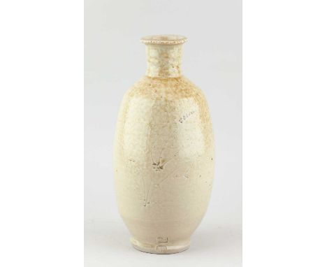 JIM MALONE (born 1946); a porcelain bottle covered in pale green glaze with incised decoration, impressed JM and L (for Lesso