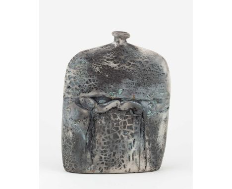 † PETER HAYES (born 1946); a raku bottle with fractured smoky surface and turquoise highlights, incised signature, height 19c
