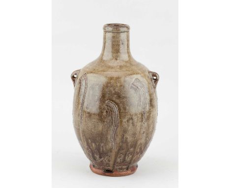 JIM MALONE (born 1946); a lugged stoneware bottle covered in green ash and iron glaze with combed decoration, impressed JM an