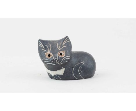 † ROSEMARY WREN (1922-2013) for Oxshott Pottery; a small stoneware sculpture of a cat, painted by Peter Crotty, impressed wre