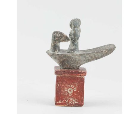 † JOHN MALTBY (1936-2020); a small stoneware box, the cover surmounted by a sculpture of woman standing on a bird, impressed 