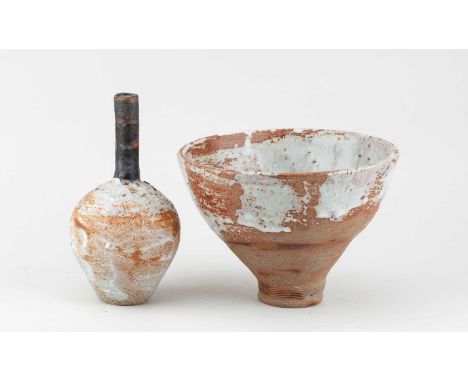 † ROBIN WELCH (1936-2019); a conical stoneware pedestal bowl partially covered in pale grey glaze, diameter 17cm, and a match