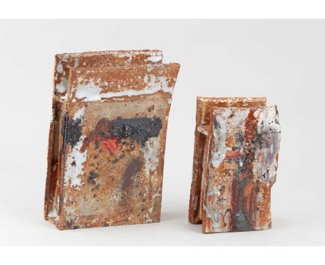 † ROBIN WELCH (1936-2019); a rectangular stoneware slab form with winged top covered in polychrome glaze, height 21.5cm, and 