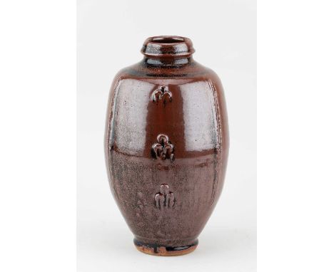 JIM MALONE (born 1946); a stoneware bottle covered in kaki glaze with combed and applied decoration, impressed JM and L (for 